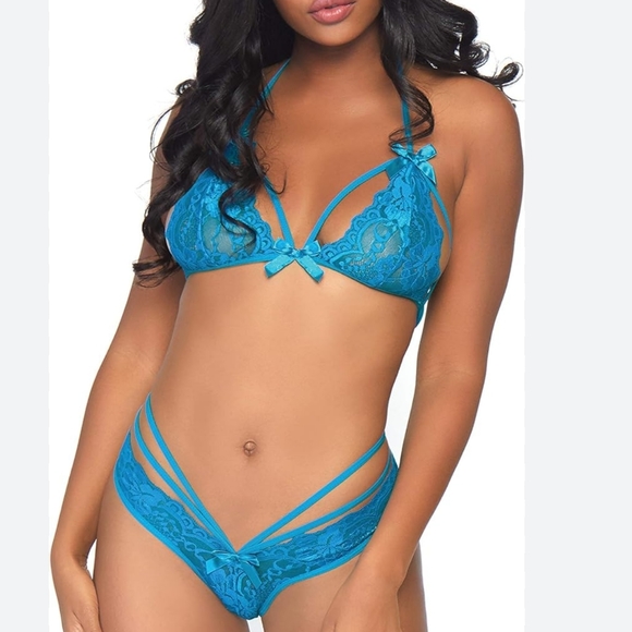 OFFER $20πΏοΈ NEW! Strappy Sexy TEAL Lace & Bows 2pc Lingerie Set, XL - Picture 3 of 8